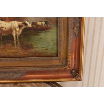 Scena Rodzajowa - Stado Krów Przy Rzece - Obraz Olejny Zdobiona Rama