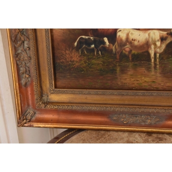 Scena Rodzajowa - Stado Krów Przy Rzece - Obraz Olejny Zdobiona Rama
