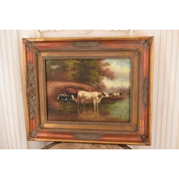 Scena Rodzajowa - Stado Krów Przy Rzece - Obraz Olejny Zdobiona Rama