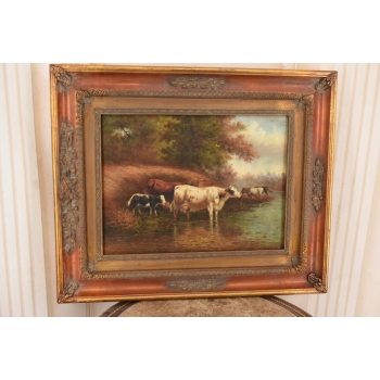 Scena Rodzajowa - Stado Krów Przy Rzece - Obraz Olejny Zdobiona Rama