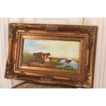 Scena Rodzajowa - Stado Krów Przy Rzece - Obraz Olejny Zdobiona Rama