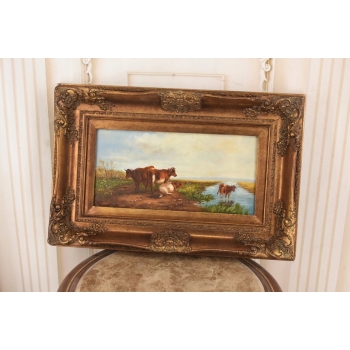 Scena Rodzajowa - Stado Krów Przy Rzece - Obraz Olejny Zdobiona Rama
