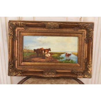 Scena Rodzajowa - Stado Krów Przy Rzece - Obraz Olejny Zdobiona Rama