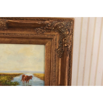 Scena Rodzajowa - Stado Krów Przy Rzece - Obraz Olejny Zdobiona Rama