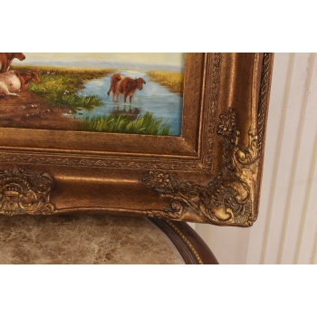 Scena Rodzajowa - Stado Krów Przy Rzece - Obraz Olejny Zdobiona Rama