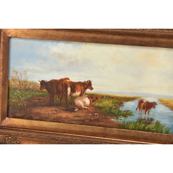 Scena Rodzajowa - Stado Krów Przy Rzece - Obraz Olejny Zdobiona Rama