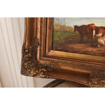 Scena Rodzajowa - Stado Krów Przy Rzece - Obraz Olejny Zdobiona Rama