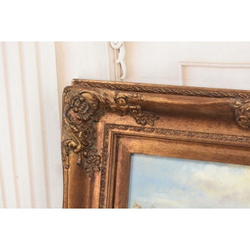 Scena Rodzajowa - Stado Krów Przy Rzece - Obraz Olejny Zdobiona Rama