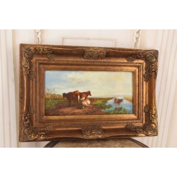 Scena Rodzajowa - Stado Krów Przy Rzece - Obraz Olejny Zdobiona Rama
