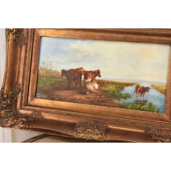 Scena Rodzajowa - Stado Krów Przy Rzece - Obraz Olejny Zdobiona Rama