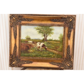 Scena Rodzajowa - Stado Krów Na Pastwisku - Obraz Olejny Zdobiona Rama