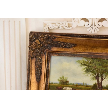 Scena Rodzajowa - Stado Krów Na Pastwisku - Obraz Olejny Zdobiona Rama