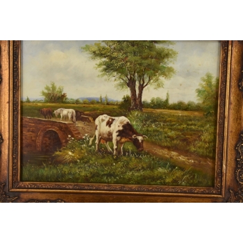 Scena Rodzajowa - Stado Krów Na Pastwisku - Obraz Olejny Zdobiona Rama