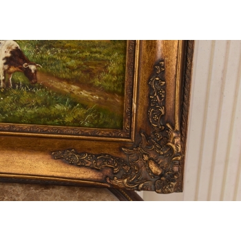 Scena Rodzajowa - Stado Krów Na Pastwisku - Obraz Olejny Zdobiona Rama