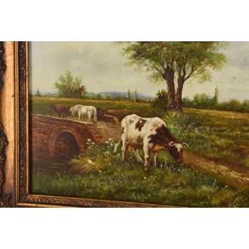 Scena Rodzajowa - Stado Krów Na Pastwisku - Obraz Olejny Zdobiona Rama