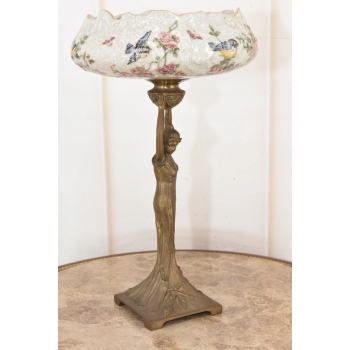 Piękna Patera Stojąca z Kobietą - Porcelana + Brąz - Kwiaty