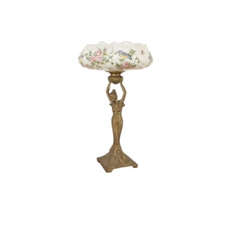Piękna Patera Stojąca z Kobietą - Porcelana + Brąz - Kwiaty
