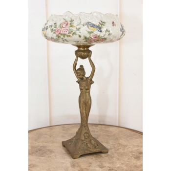 Piękna Patera Stojąca z Kobietą - Porcelana + Brąz - Kwiaty