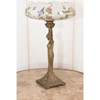 Piękna Patera Stojąca z Kobietą - Porcelana + Brąz - Kwiaty