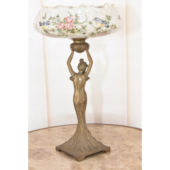Piękna Patera Stojąca z Kobietą - Porcelana + Brąz - Kwiaty