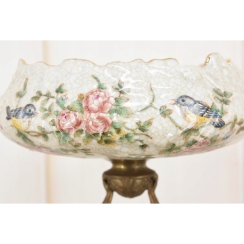 Piękna Patera Stojąca z Kobietą - Porcelana + Brąz - Kwiaty