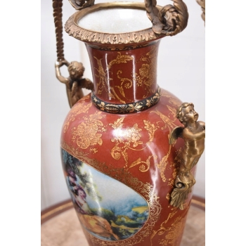 Porcelanowy Czerwony Wazon Waza - Aniołki Amory - Porcelana + Brąz