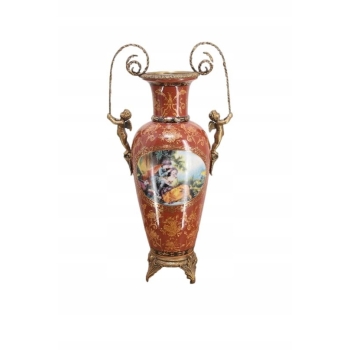 Porcelanowy Czerwony Wazon Waza - Aniołki Amory - Porcelana + Brąz