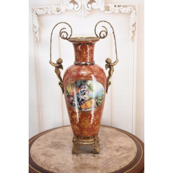 Porcelanowy Czerwony Wazon Waza - Aniołki Amory - Porcelana + Brąz