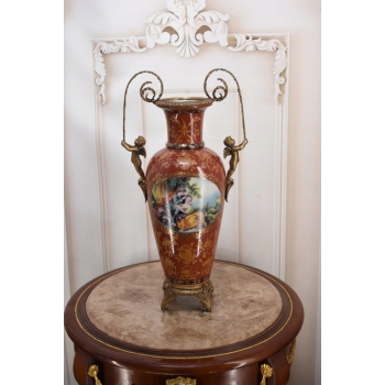 Porcelanowy Czerwony Wazon Waza - Aniołki Amory - Porcelana + Brąz