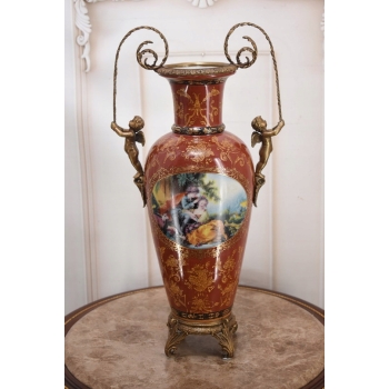 Porcelanowy Czerwony Wazon Waza - Aniołki Amory - Porcelana + Brąz