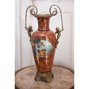 Porcelanowy Czerwony Wazon Waza - Aniołki Amory - Porcelana + Brąz
