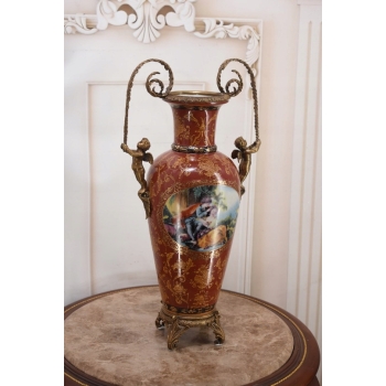 Porcelanowy Czerwony Wazon Waza - Aniołki Amory - Porcelana + Brąz
