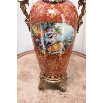 Porcelanowy Czerwony Wazon Waza - Aniołki Amory - Porcelana + Brąz