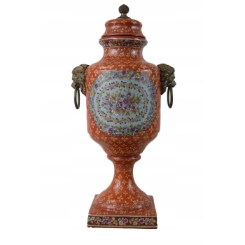 Czerwona Porcelanowa Amfora Wazon - Porcelana + Brąz - Głowy Lwa