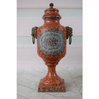 Czerwona Porcelanowa Amfora Wazon - Porcelana + Brąz - Głowy Lwa