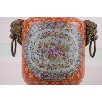 Czerwona Porcelanowa Amfora Wazon - Porcelana + Brąz - Głowy Lwa