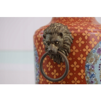 Czerwona Porcelanowa Amfora Wazon - Porcelana + Brąz - Głowy Lwa