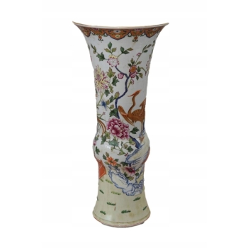 Biały Porcelanowy Wazon Kwiaty - Motyw z Czaplą - Porcelana - Sygnowany