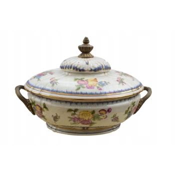 Królewska Waza na Zupę + Patera - Porcelana + Złocenia + Okucia z Brązu