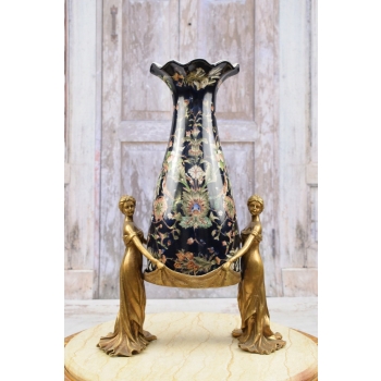 Muzealna Czarna Waza - Nimfy Trzymające Wazon - Porcelana + Brąz