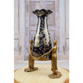 Muzealna Czarna Waza - Nimfy Trzymające Wazon - Porcelana + Brąz