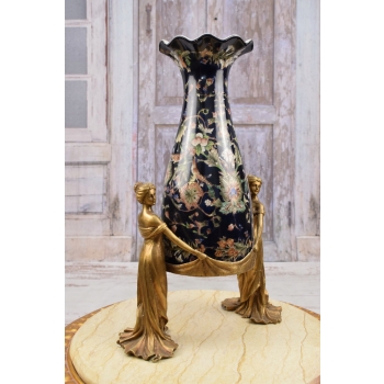 Muzealna Czarna Waza - Nimfy Trzymające Wazon - Porcelana + Brąz