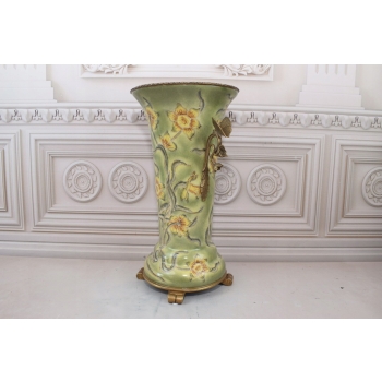 Zielony Porcelanowy Wazon Kwiaty - Motyle - Porcelana + Brąz - Sygnowany