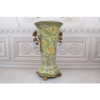 Zielony Porcelanowy Wazon Kwiaty - Motyle - Porcelana + Brąz - Sygnowany