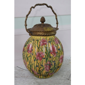 Porcelanowa Szkatuła - Pojemnik Na Ciastka - Porcelana Brąz Kolorowe Kwiaty