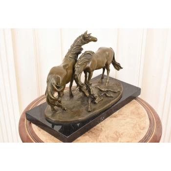 Trzy Konie - Koń - Rodzina Koni - Duża Ciężka Figura z Brązu - Sygnowana