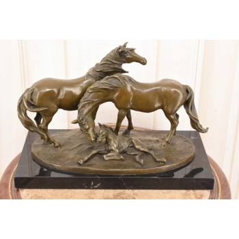 Trzy Konie - Koń - Rodzina Koni - Duża Ciężka Figura z Brązu - Sygnowana