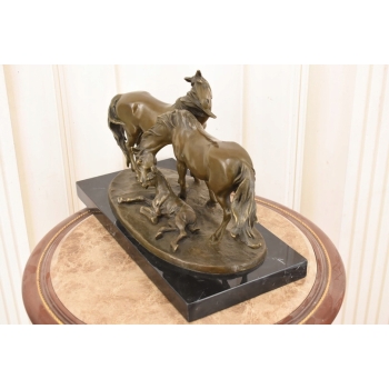 Trzy Konie - Koń - Rodzina Koni - Duża Ciężka Figura z Brązu - Sygnowana