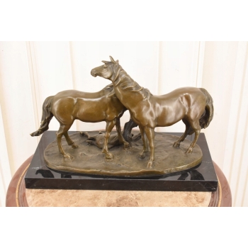 Trzy Konie - Koń - Rodzina Koni - Duża Ciężka Figura z Brązu - Sygnowana