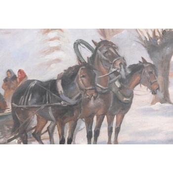 Wojciech Kossak - Przejazd Żołnierzy Przez Wieś - Zimowa Scena Obraz Olejny